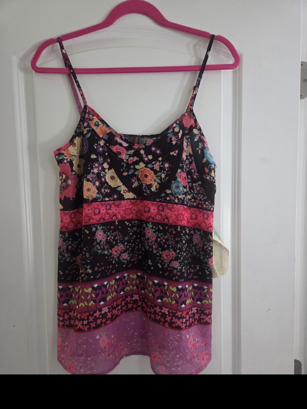 Aratta Black Floral Spaghetti-Strap Cami with Pink Accents